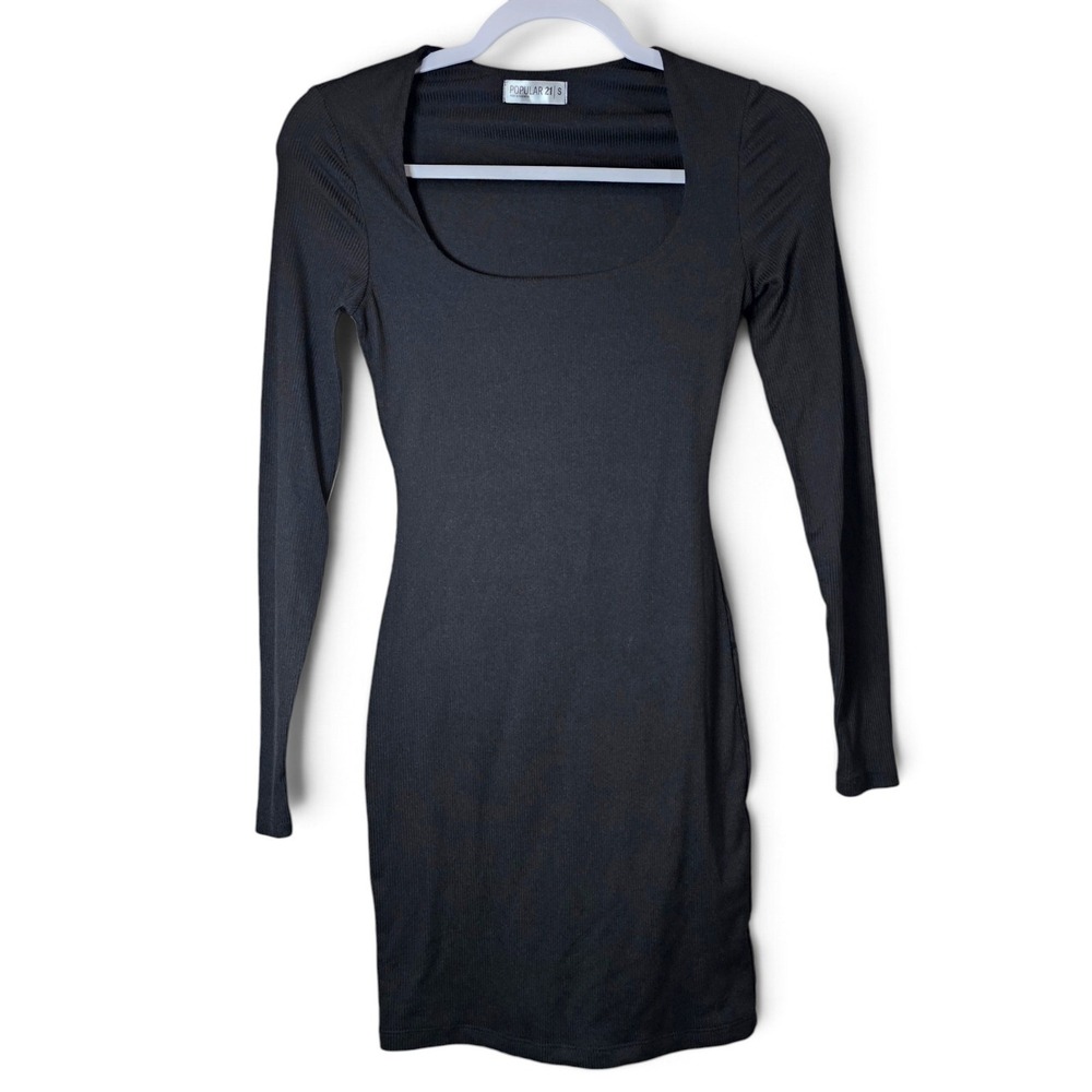 Popular 21 Bodycon Dress Womens Small Black Ribbed Square Neck Long Slv